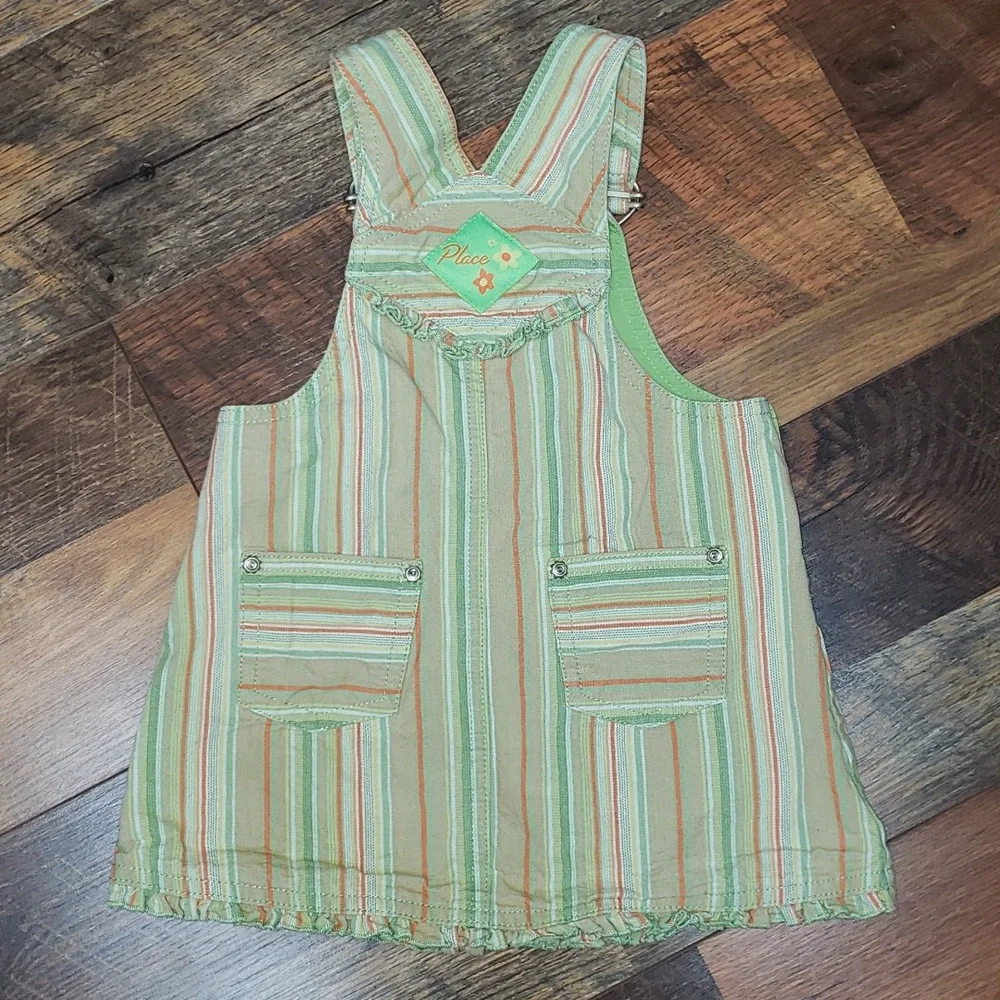 The Children's Place Green and Orange Striped Overall Dress, Size 18 Months - Picture 2 of 6